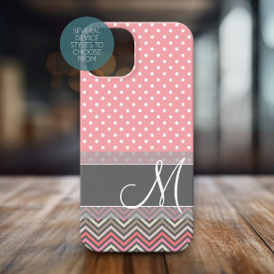 Trendy Coral en Gray Polka Dot Chevron Monogram iPhone 15 Case