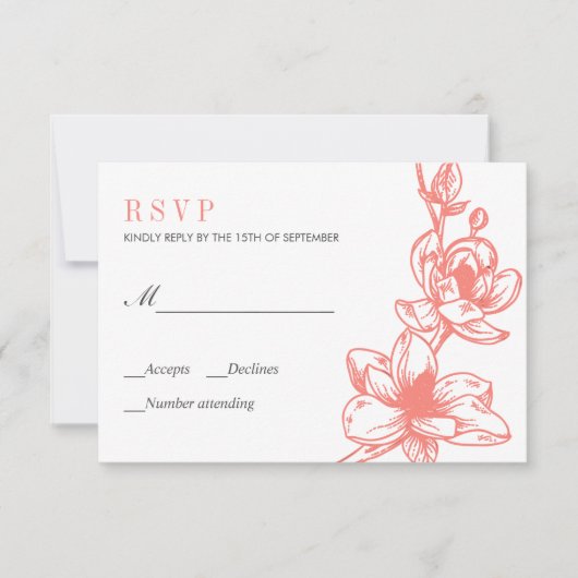 Trendy Coral Magnolia Bloemen Bloemen | Bruiloft R RSVP Kaartje (Voorkant)