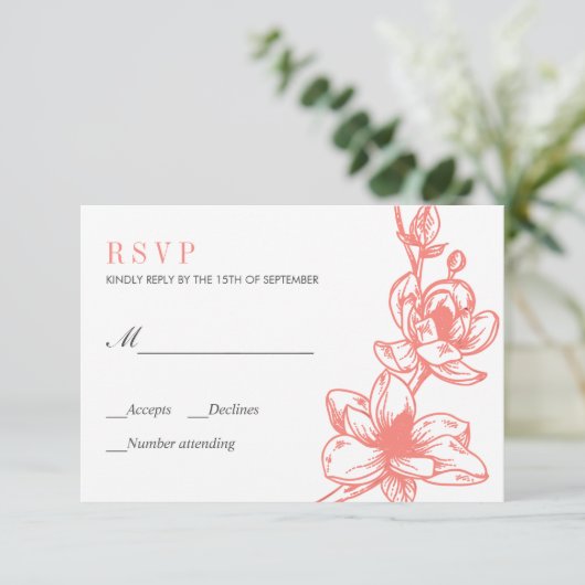 Trendy Coral Magnolia Bloemen Bloemen | Bruiloft R RSVP Kaartje (Staand voorkant)