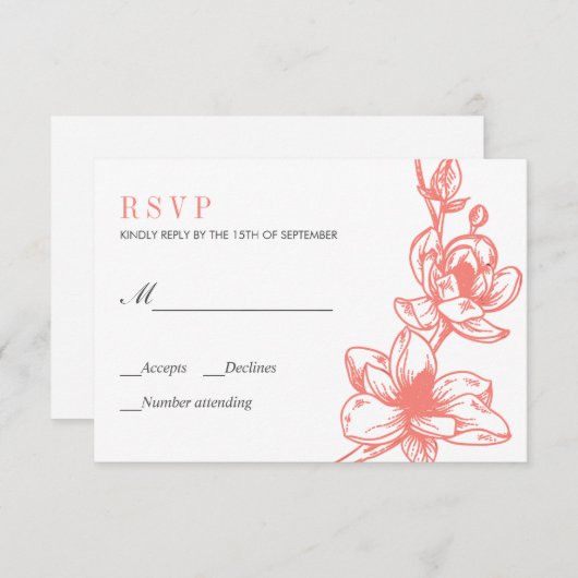 Trendy Coral Magnolia Bloemen Bloemen | Bruiloft R RSVP Kaartje (Voorkant / Achterkant)