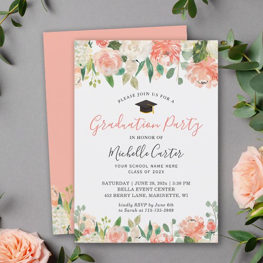 Trendy Coral Peach Floral Girl Graduation Party Kaart