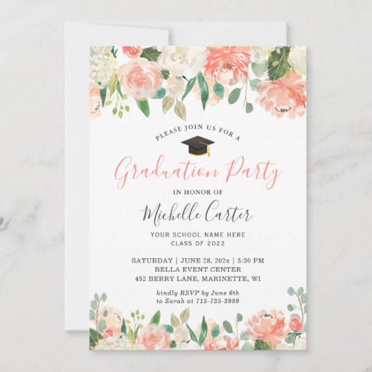 Trendy Coral Peach Floral Girl Graduation Party Kaart (Voorkant)