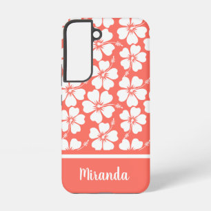 Trendy Coral White Hibiscus Pattern Samsung Galaxy Hoesje