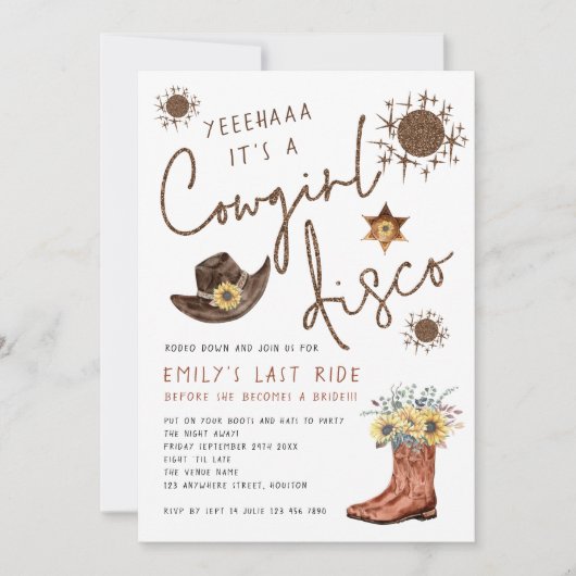 Trendy Cowgirl Disco Glitter Bachelorette Party Kaart (Voorkant)