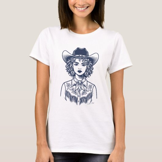 Trendy Cowgirl Western Line Art T-shirt (Voorkant)