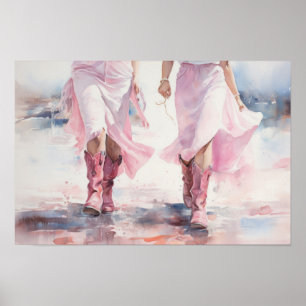 Trendy Cowgirls Laarzen Aquarel Wandelen op Strand Poster