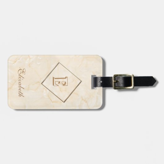 Trendy Cream Marble Texture, Monogram-Personalized Bagagelabel (Voorkant horizontaal)