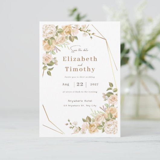 Trendy crème Bewaar de datum bruiloft uitnodiging (Staand voorkant)