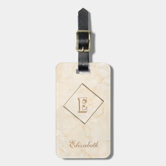 Trendy Crème Marmerstructuur, met Monogram-persona Bagagelabel (Voorkant verticaal)
