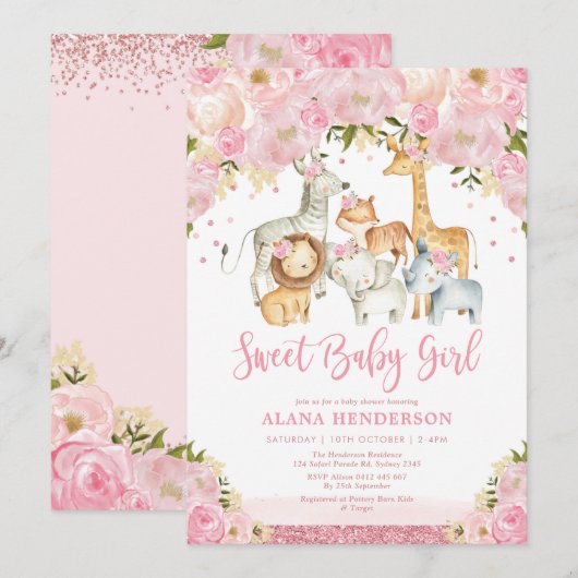 Trendy Cute Baby Girl Safari Oerwoud Animals Showe Kaart (Voorkant / Achterkant)