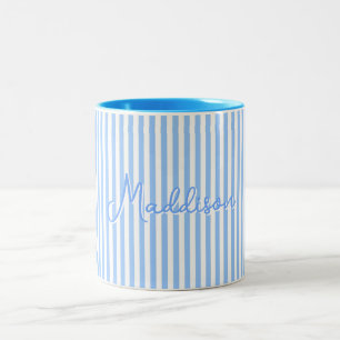 Trendy Cute Gestreepte Blauwe Aesthetic Aangepaste Tweekleurige Koffiemok