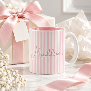 Trendy Cute Gestreepte Roze Esthetische Aangepaste Tweekleurige Koffiemok