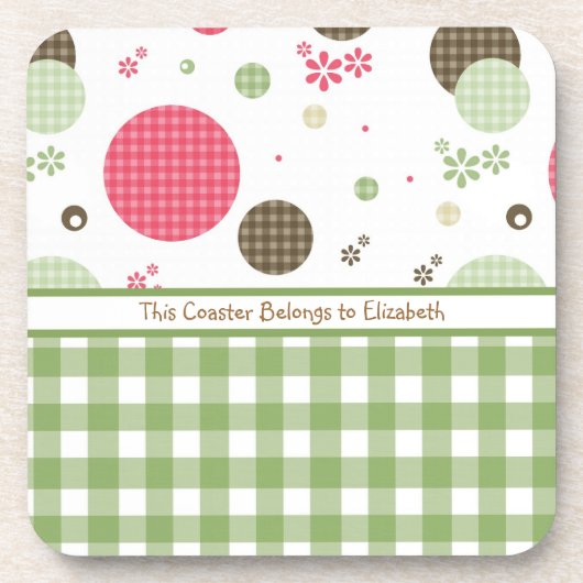 Trendy Cute Gingham Polka dots met naam Onderzetter (Voorkant)
