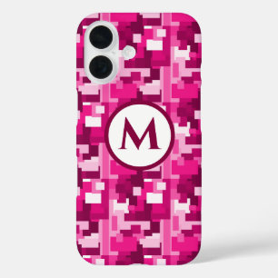 Trendy Cute Hot Pink Digital Camo Pattern Monogram iPhone 16 Hoesje
