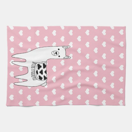 Trendy Cute Llama Sketch & Hearts Theedoek (Horizontaal)