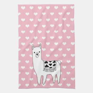 Trendy Cute Llama Sketch & Hearts Theedoek