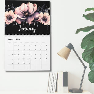 Trendy Cute Modern Roze Zwart Bloemmotief Kalender
