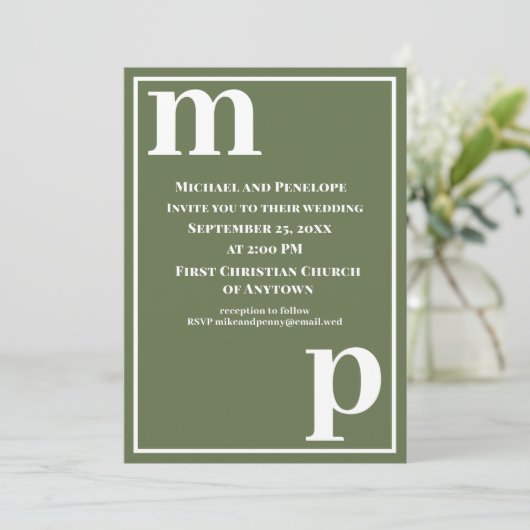 Trendy Cute Monogram Olive Green Wedding Kaart (Staand voorkant)