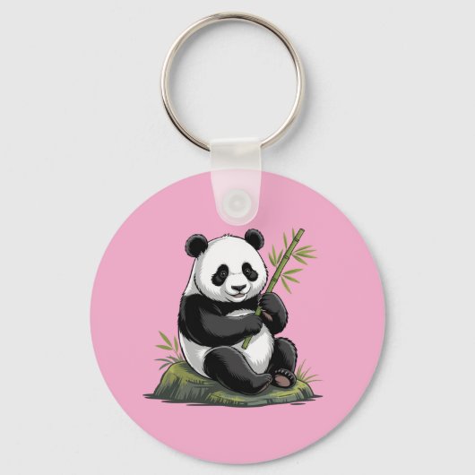 Trendy Cute Panda Bear With Greenery Bamboo Pink Sleutelhanger (Voorkant)