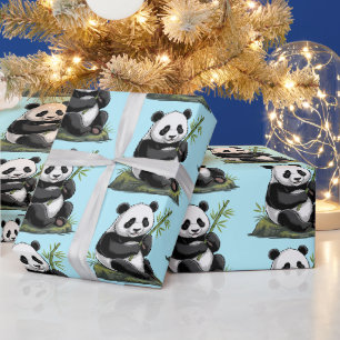 Trendy Cute Pandabeer Met Groene Bamboe Blauw Cadeaupapier