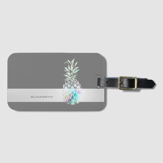 Trendy Cute Pineapple, Stripe-Personalized Bagagelabel (Voorkant (horizontaal))