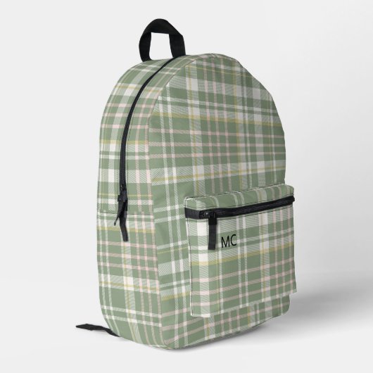 Trendy Cute Sage Groen Geruit Monogram Beginletter Bedrukte Rugzak (Achterkant Hoek Links)