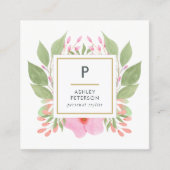 Trendy Cute Waterverf Pink Flowers Monogram Vierkante Visitekaartje (Voorkant)