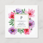 Trendy Cute Waterverf Pink Flowers Monogram Vierkante Visitekaartje (Voorkant)
