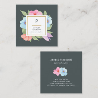 Trendy Cute Waterverf Pink Gold Flowers Monogram Vierkante Visitekaartje