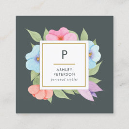 Trendy Cute Waterverf Pink Gold Flowers Monogram Vierkante Visitekaartje