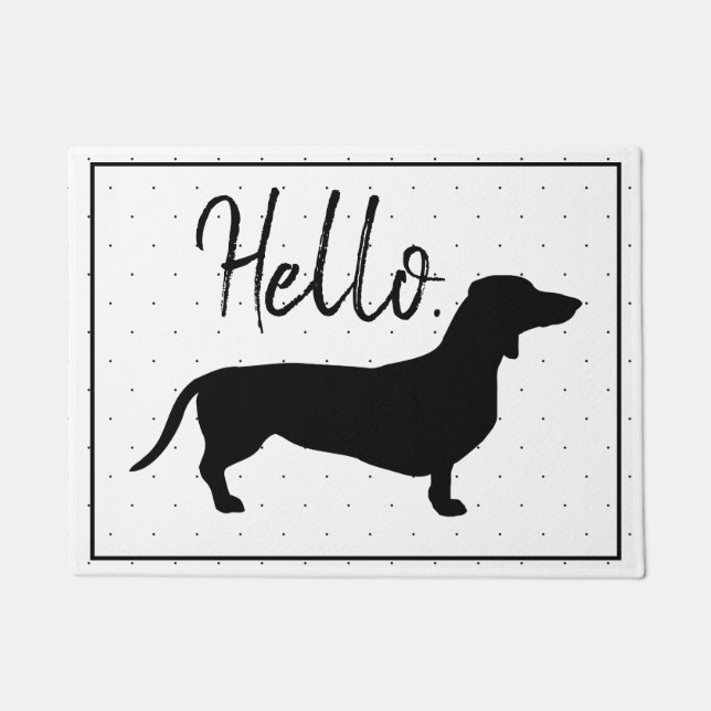 Trendy Dachshund Silhouet & Zwarte Stip Hallo Deurmat (Voorkant)