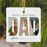 Trendy DAD Aangepaste Fotocollage Keramisch Ornament<br><div class="desc">Leg onvergetelijke momenten vast en transformeer ze in een blijvende herinnering met dit op maat gemaakte kerstcadeau voor papa. Met zorg vervaardigd, transformeert dit stijlvolle, moderne kerstornament uw favoriete familiefoto's in een prachtige collage, waarbij 'DAD' in vetgedrukte zonder serif-typografie wordt gespeld. Voeg een persoonlijk tintje toe met de namen van...</div>