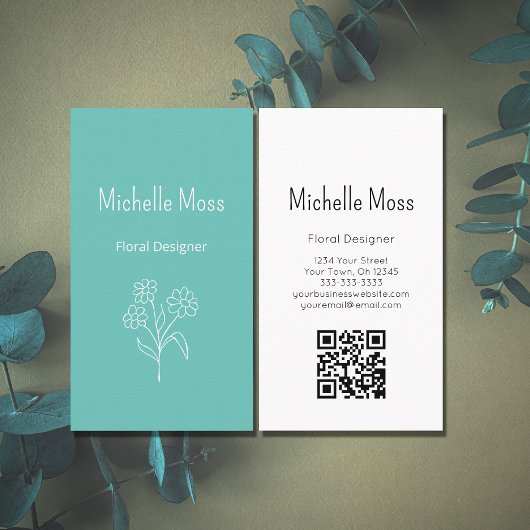 Trendy Daisy Blauwgroen QR code Floral Designer Visitekaartje