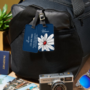 Trendy Daisy Bloem Illustratie - marine & roodroes Bagagelabel