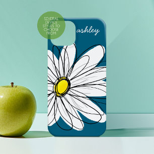 Trendy Daisy Floral Illustration - blue and yellow iPhone 15 Mini Hoesje