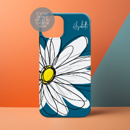 Trendy Daisy Floral Illustration blue and yellow iPhone 16 Hoesje