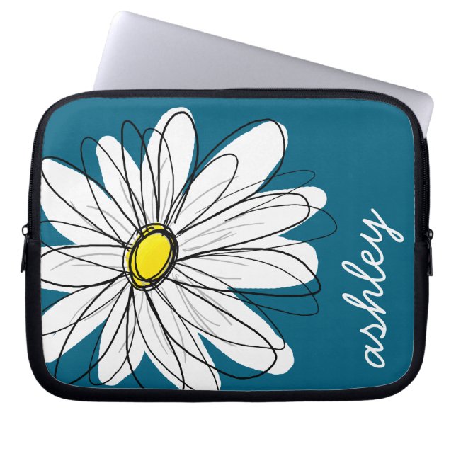 Trendy Daisy Floral Illustration - blue and yellow Laptop Sleeve (Voorkant)