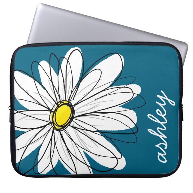 Trendy Daisy Floral Illustration - blue and yellow Laptop Sleeve (Voorkant)