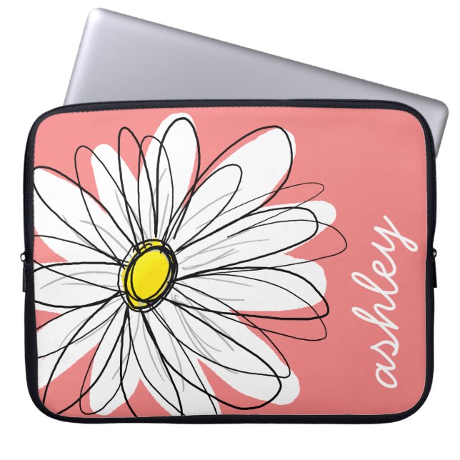 Trendy Daisy Floral Illustration - koraal & geel Laptop Sleeve (Voorkant)