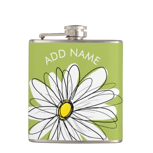 Trendy Daisy Floral Illustration - limoen en geel Heupfles (Voorkant)
