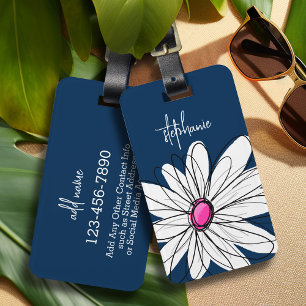 Trendy Daisy Floral Illustration - marine and roze Bagagelabel