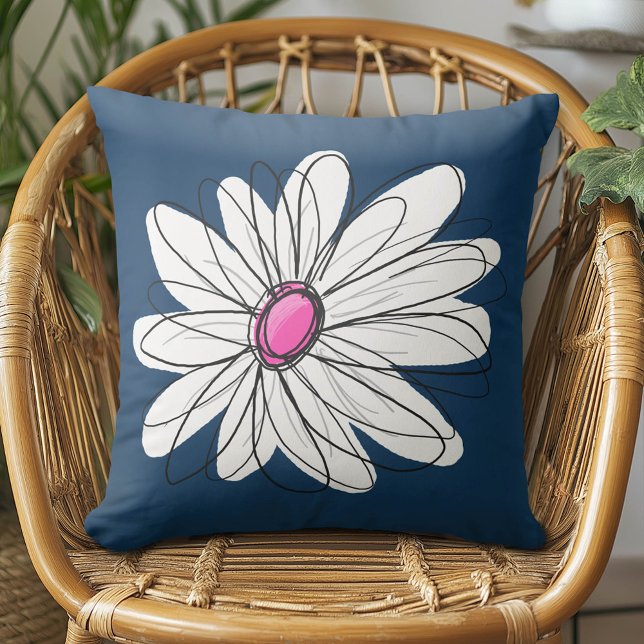 Trendy Daisy Floral Illustration - marine and roze Kussen (Daisy Pillow)