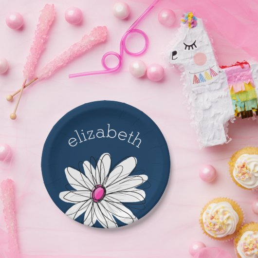 Trendy Daisy Floral Illustration - marine and roze Papieren Bordje (Feest)