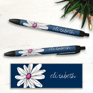 Trendy Daisy Floral Illustration - marine and roze Zwarte Inkt Pen