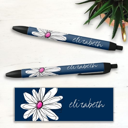 Trendy Daisy Floral Illustration - marine and roze Zwarte Inkt Pen
