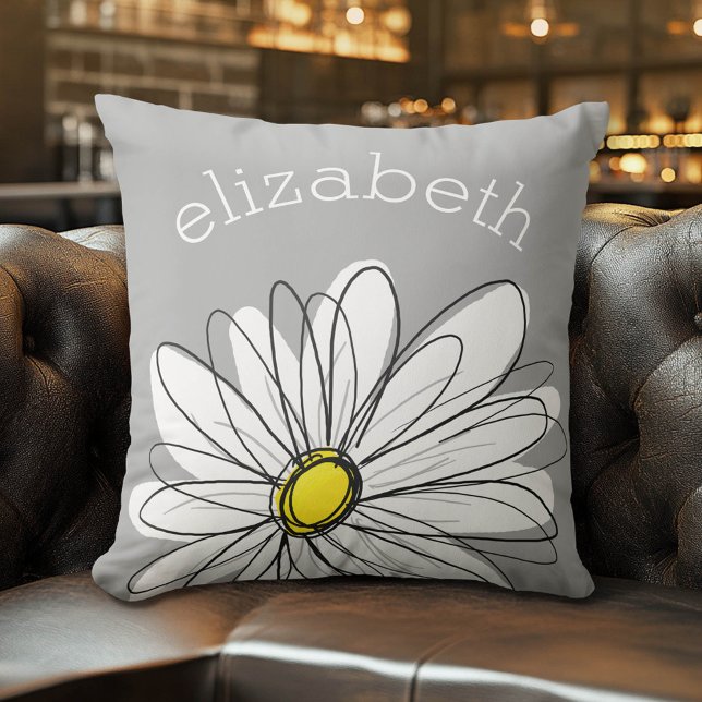 Trendy Daisy met grijs en geel Buitenkussen (Whimsical Custom Monogram Pillow)