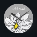 Trendy Daisy with gray and yellow Ronde Klok<br><div class="desc">A zen and whimsical,  hipster piece of art. You can add a name,  monogram or other custom text. If you need to move the art around,  click on the customize button to make changes.</div>