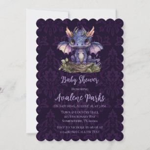 Trendy Damask Paarse Dragon Girl Boy Baby shower Kaart