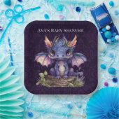 Trendy Damask Paarse Dragon Girl Boy Baby shower Papieren Bordje (Feest)