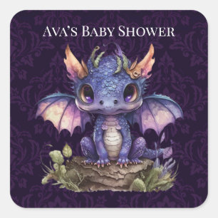 Trendy Damask Paarse Dragon Girl Boy Baby shower Vierkante Sticker
